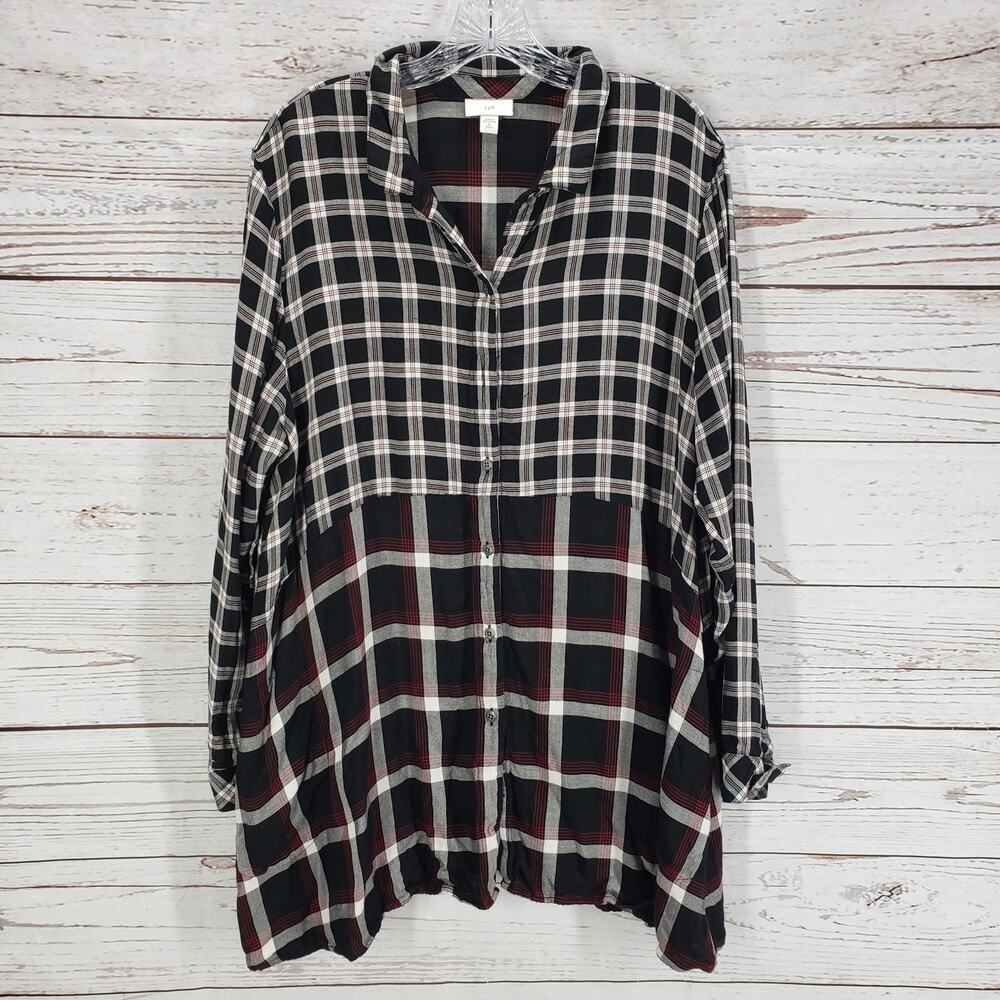 J.Jill Women's Black Plaid Pockets Button Front Long Sleeve Top XL Petite